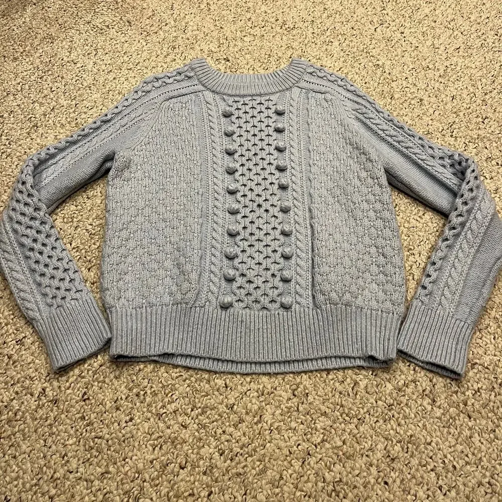 J Crew Popcorn Cable Knit Sweater M Light Blue Wool Blend Preppy Quiet Luxury